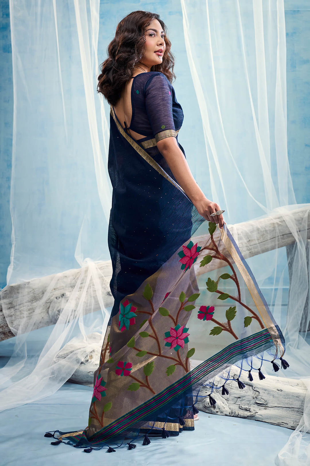 Zodiac Blue Zari Woven Pure Munga Cotton saree
