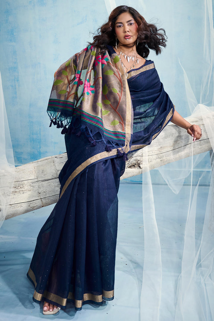 Zodiac Blue Zari Woven Pure Munga Cotton saree