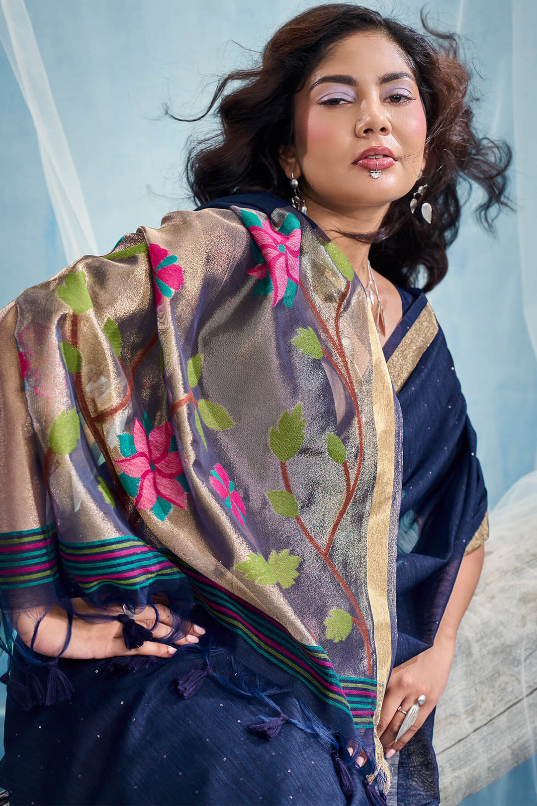 Zodiac Blue Zari Woven Pure Munga Cotton saree