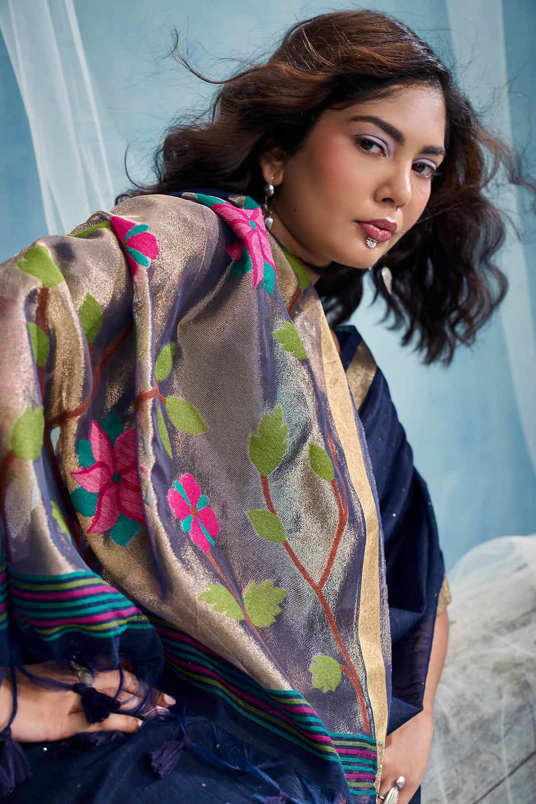 Zodiac Blue Zari Woven Pure Munga Cotton saree