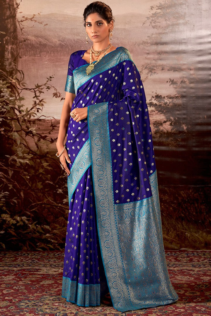 Zodiac Blue Zari Woven Soft Banarasi Silk Saree