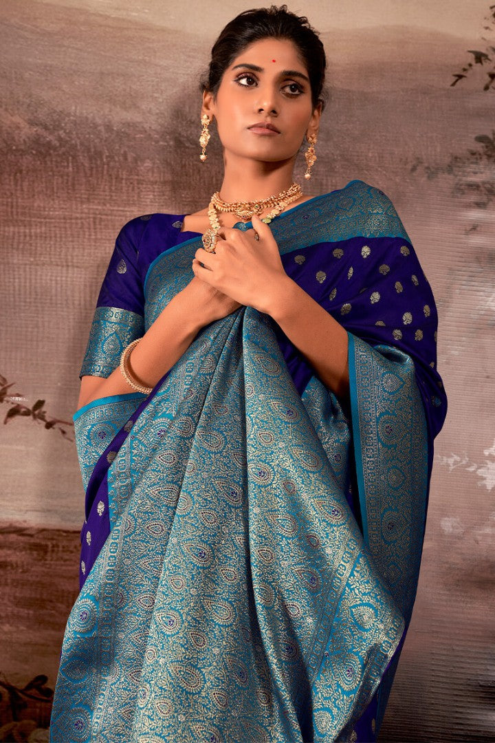 Zodiac Blue Zari Woven Soft Banarasi Silk Saree