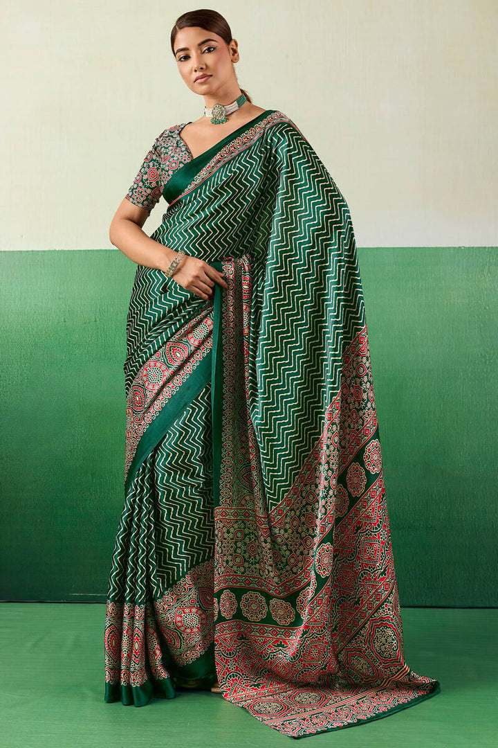 Zucchini Green Ajrakh Printed Satin Silk Saree