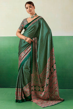Zucchini Green Ajrakh Printed Satin Silk Saree