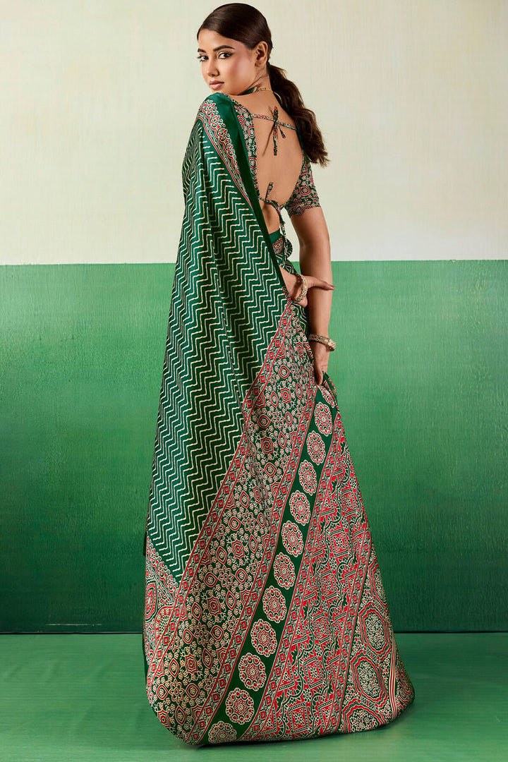 Zucchini Green Ajrakh Printed Satin Silk Saree