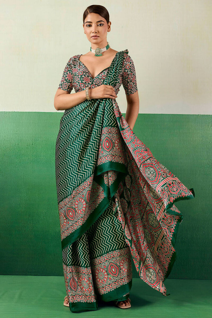 Zucchini Green Ajrakh Printed Satin Silk Saree