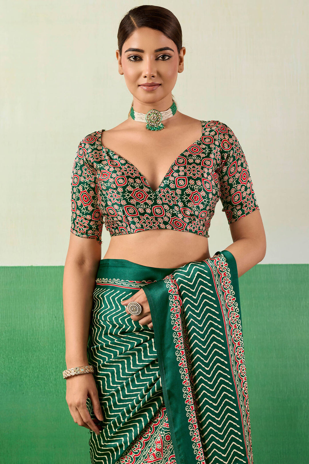 Zucchini Green Ajrakh Printed Satin Silk Saree