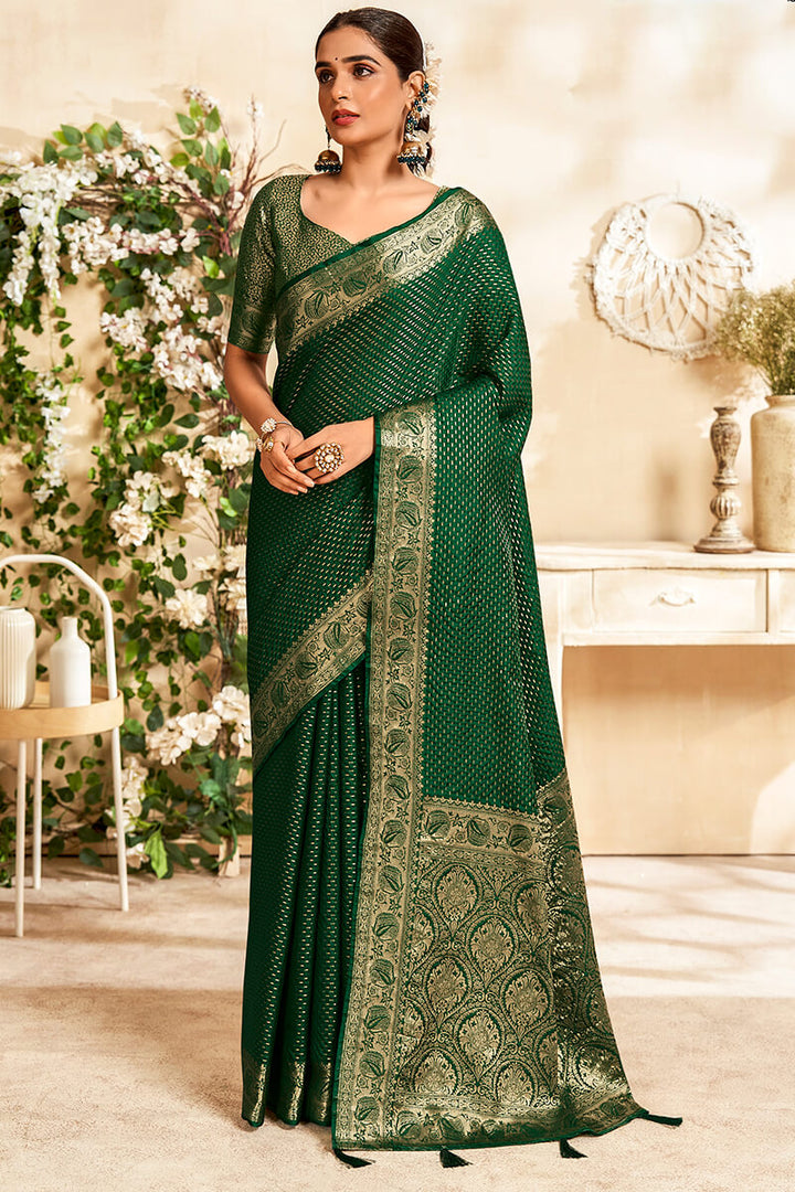 Zucchini Green Soft Banarasi Silk Saree