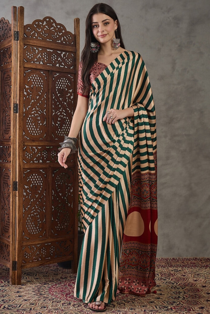 Zucchini Green Stripe Ajrakh Printed Satin Silk Saree