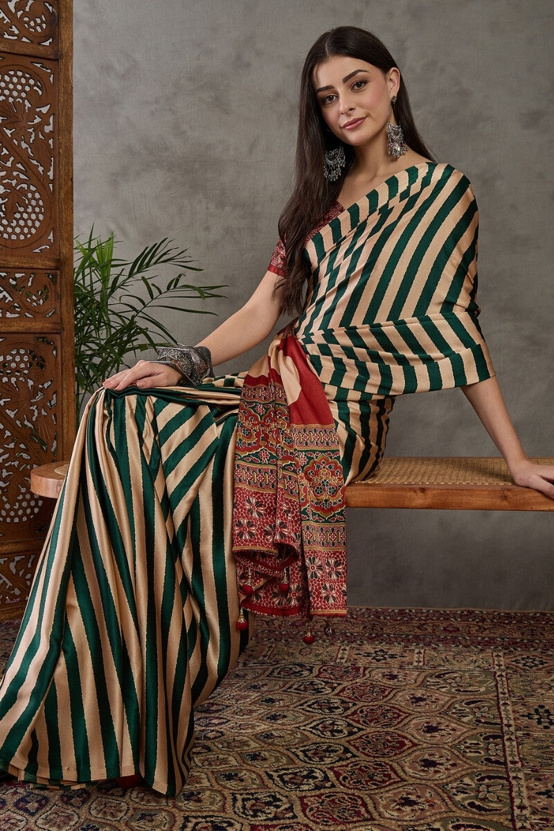 Zucchini Green Stripe Ajrakh Printed Satin Silk Saree