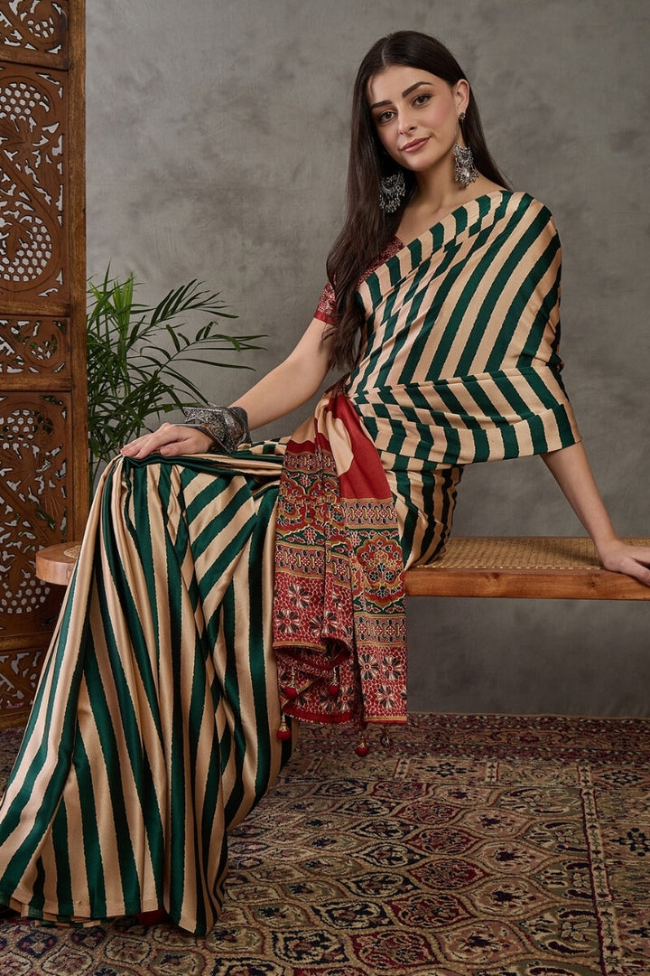 Zucchini Green Stripe Ajrakh Printed Satin Silk Saree