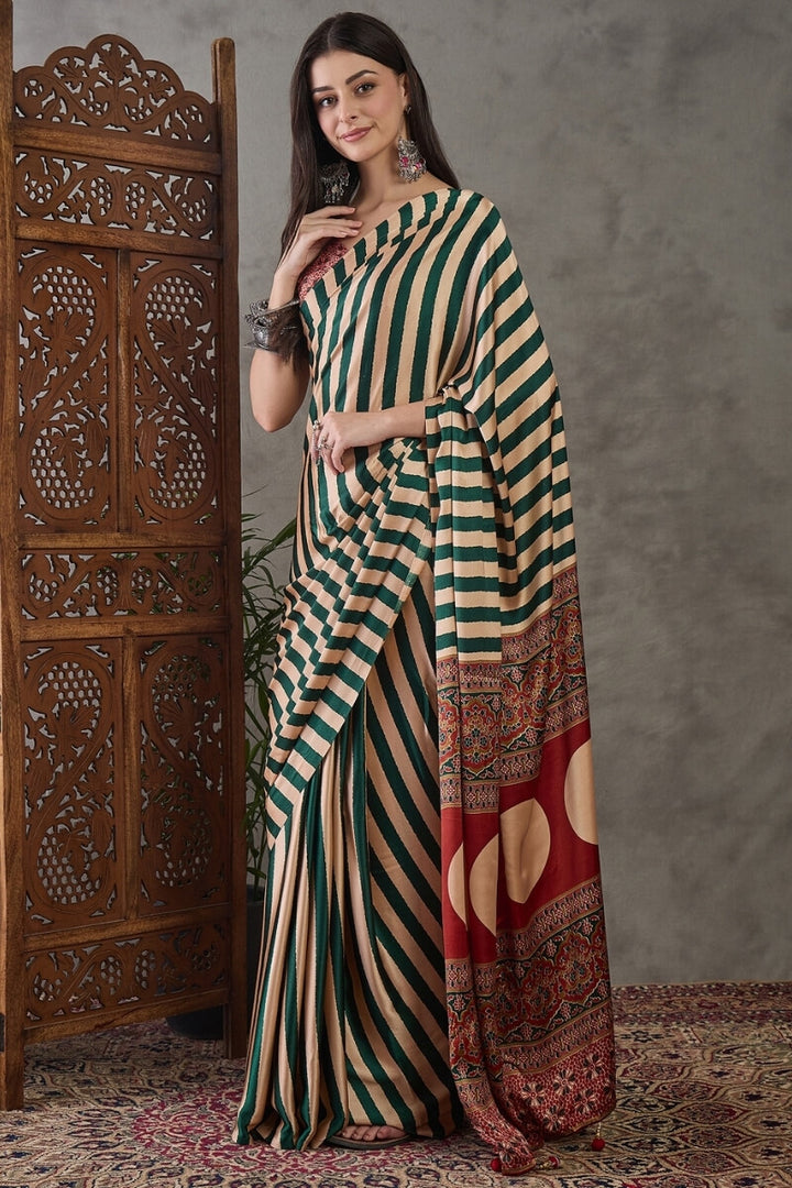 Zucchini Green Stripe Ajrakh Printed Satin Silk Saree