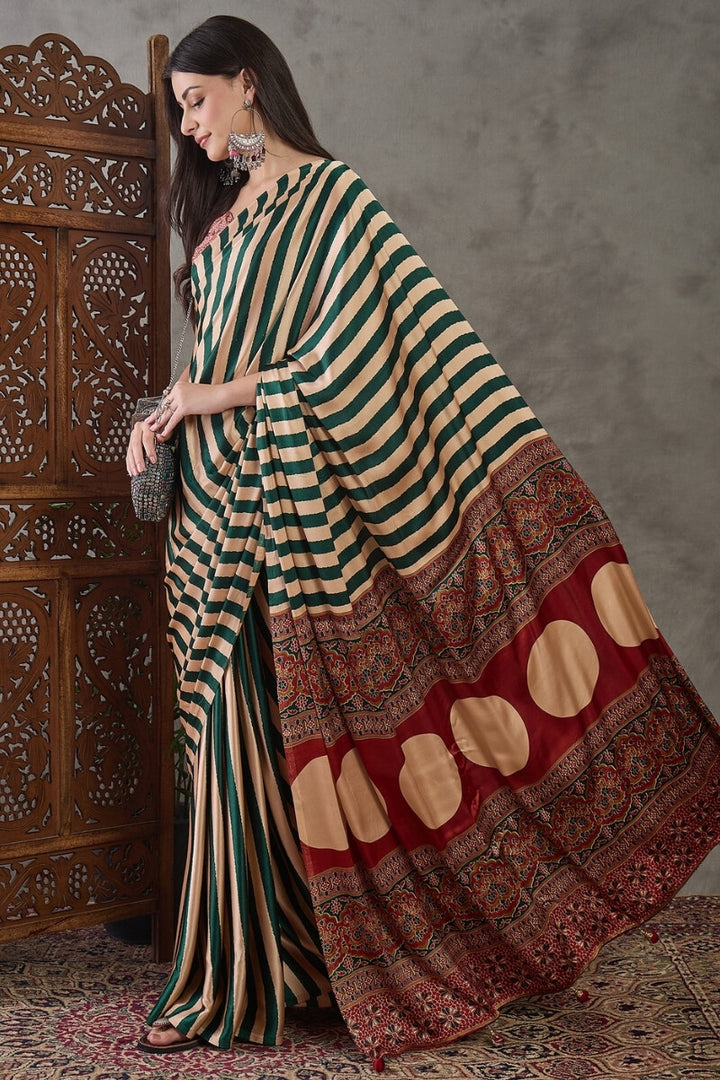 Zucchini Green Stripe Ajrakh Printed Satin Silk Saree