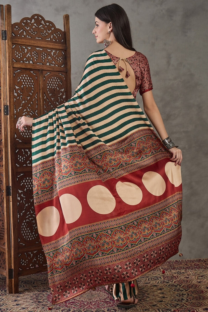 Zucchini Green Stripe Ajrakh Printed Satin Silk Saree