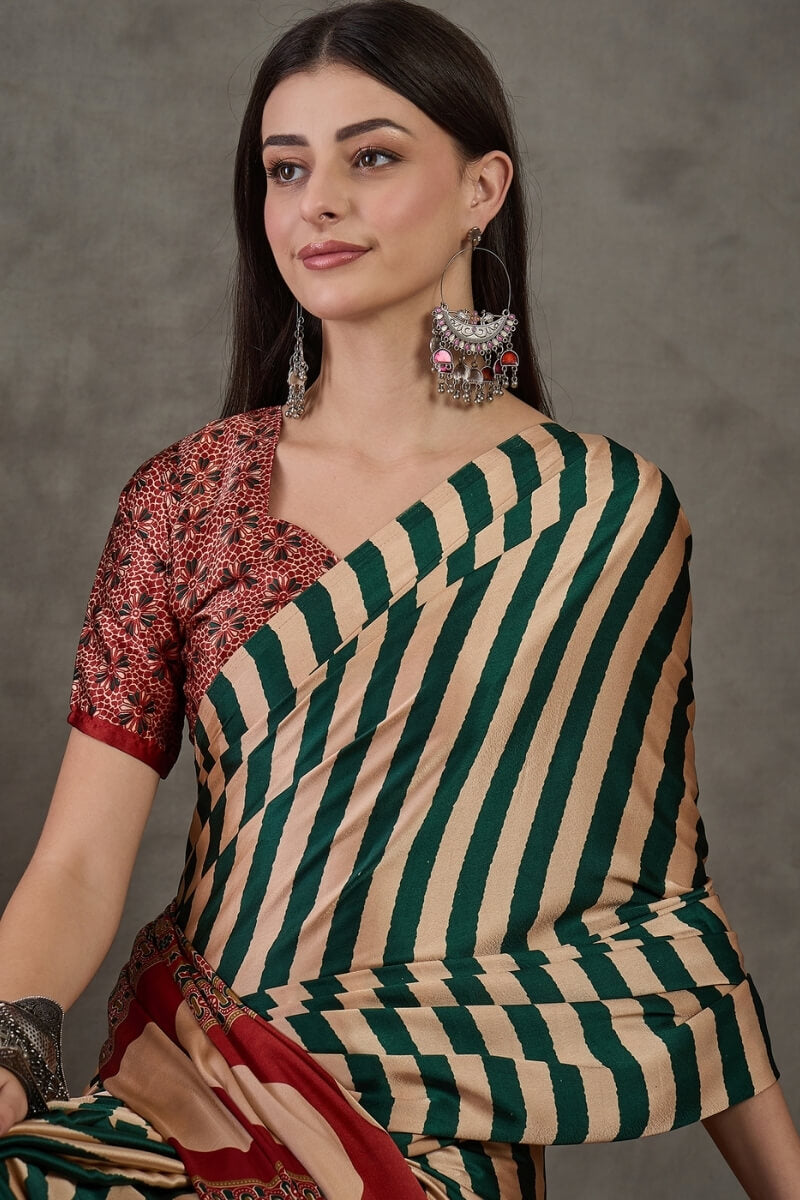 Zucchini Green Stripe Ajrakh Printed Satin Silk Saree