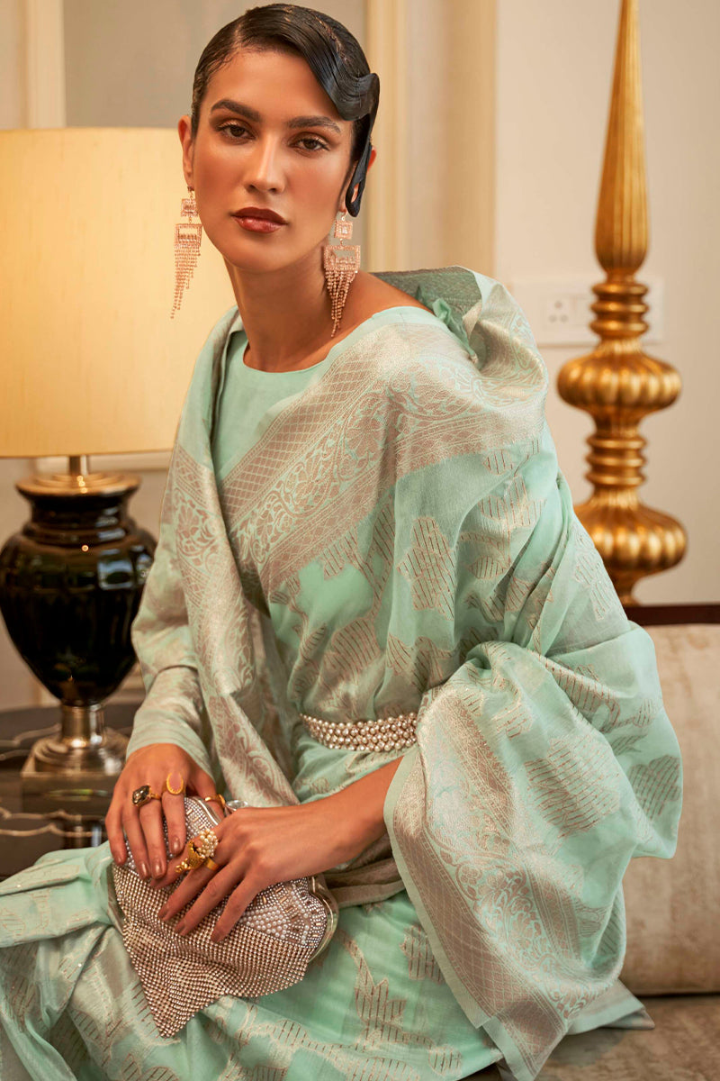 Ash Green Linen Silk Saree With Sequence Work