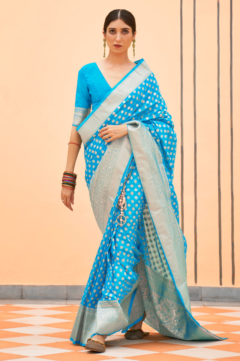 Azure Blue Zari Woven Banarasi Silk Saree