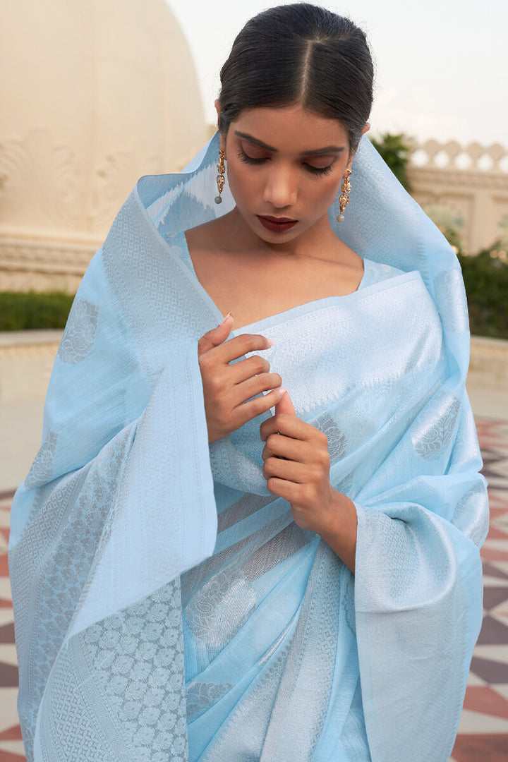 Baby Blue Zari Butta Linen Silk Saree