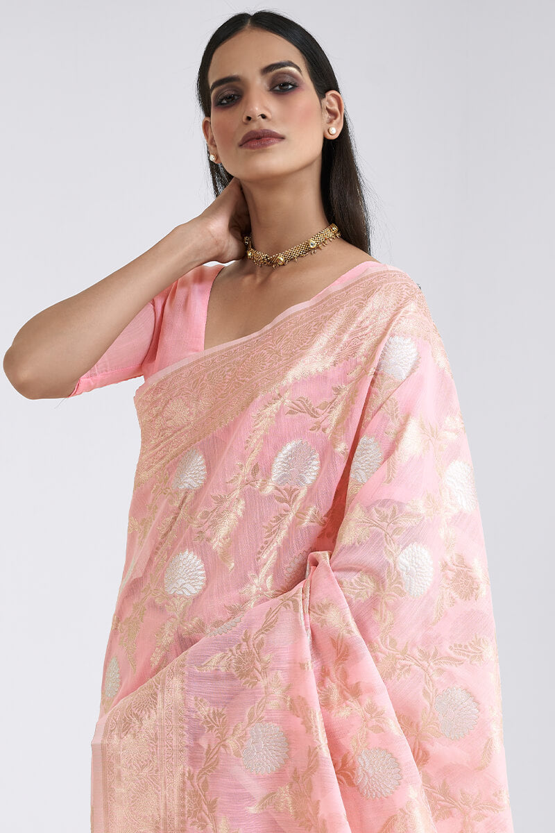 Baby Pink Linen Silk Saree