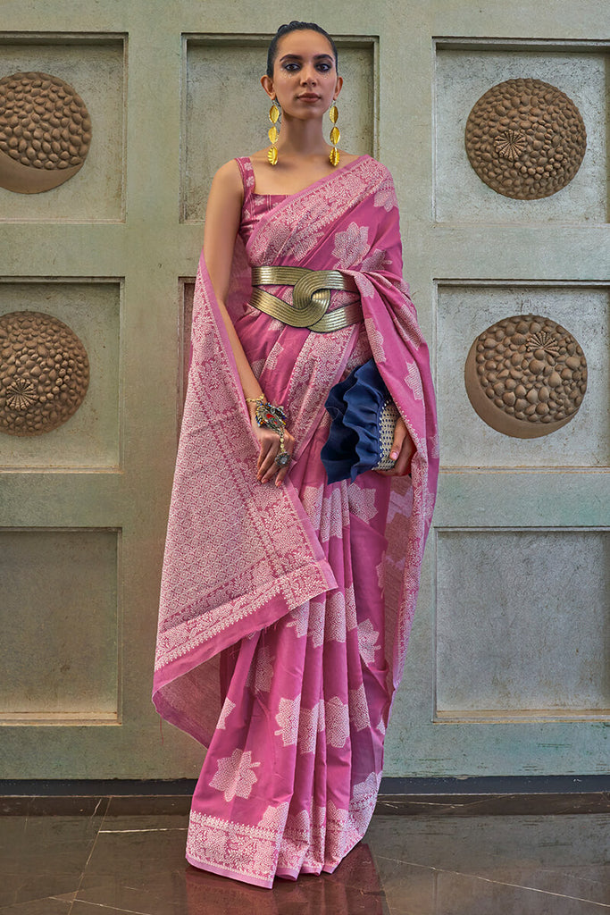Bashful Pink Lucknowi Woven Chikankari Saree