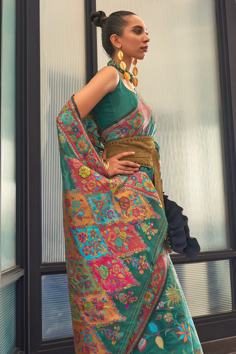 Beetle Green Kashmiri Modal Pashmina Silk Saree