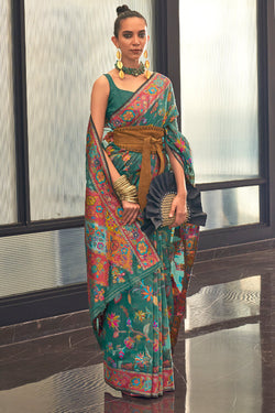 Beetle Green Kashmiri Modal Pashmina Silk Saree