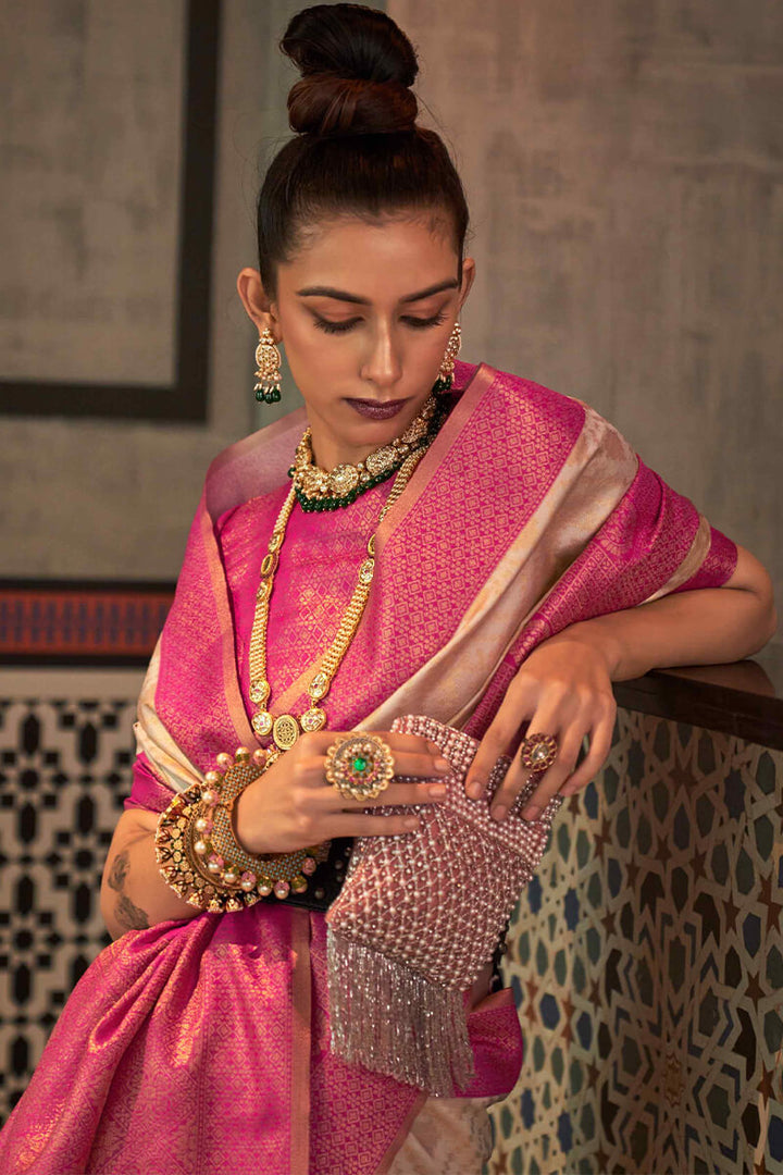 Beige and Pink Zari Woven Banarasi Silk Saree