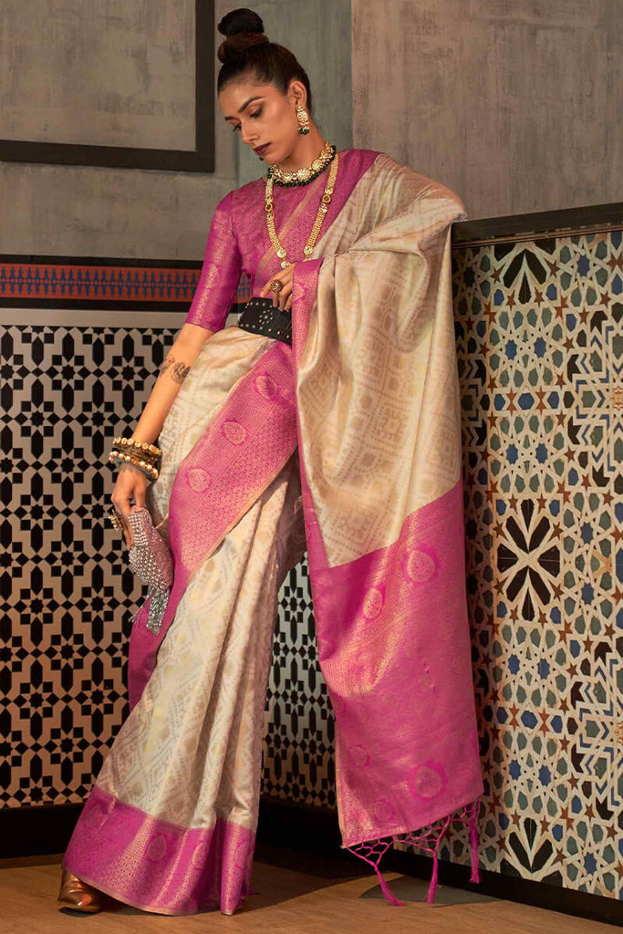 Beige and Pink Zari Woven Banarasi Silk Saree