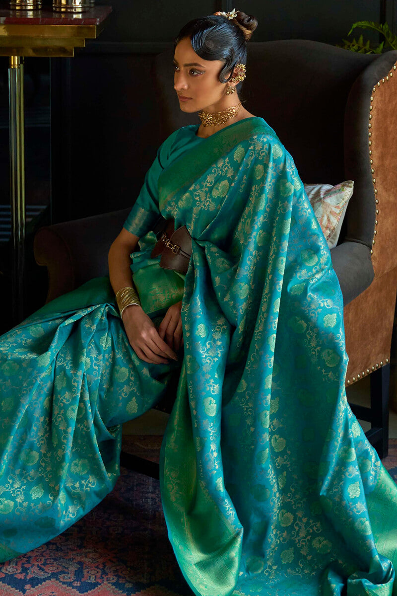 Blue Green Kanjivaram Silk Saree