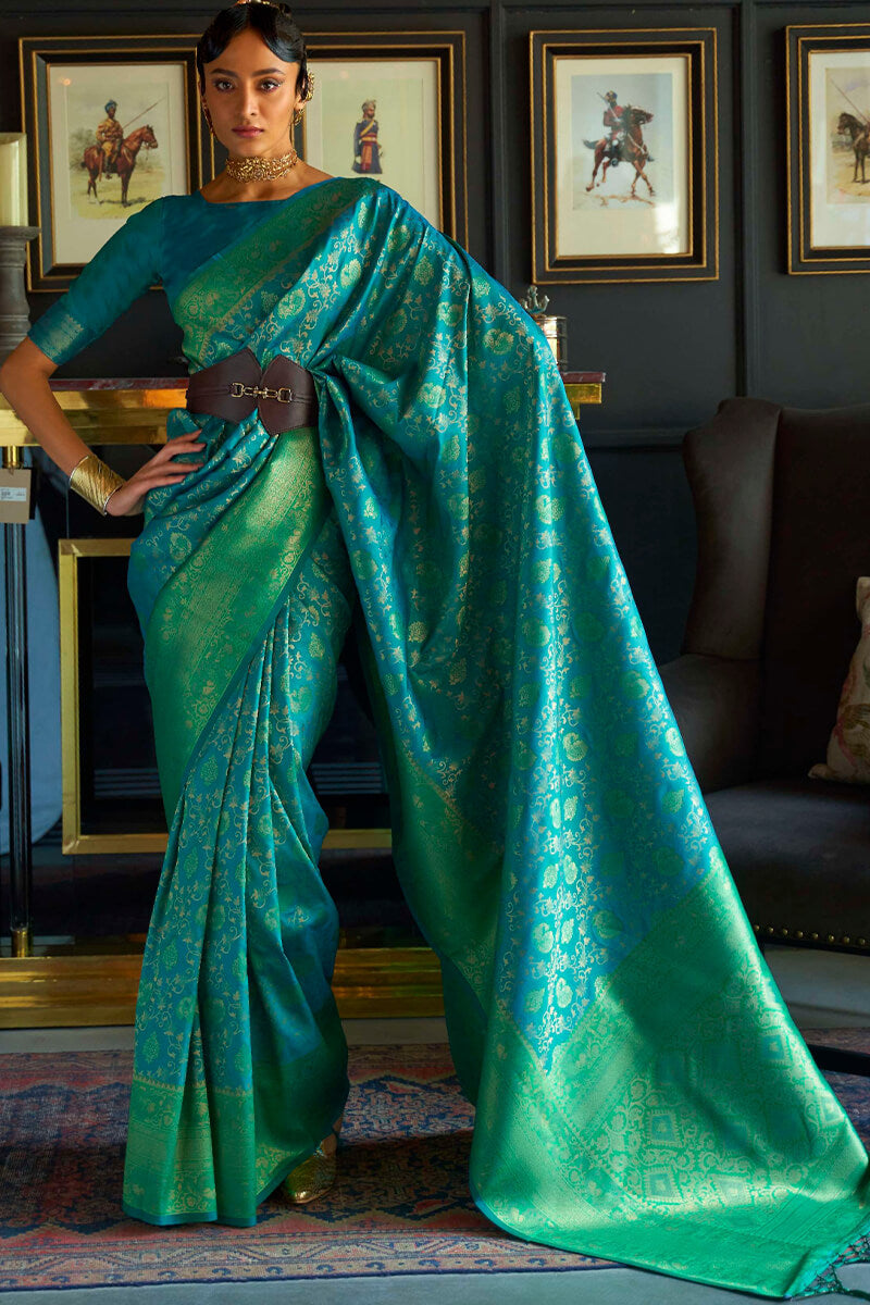 Blue Green Kanjivaram Silk Saree