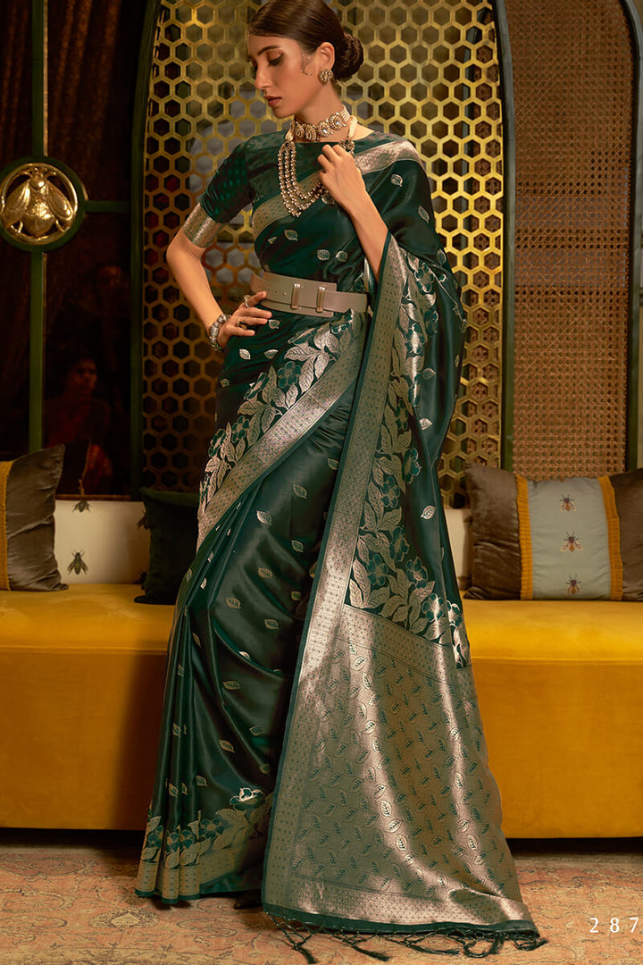 Bottle Green Satin Silk Saree