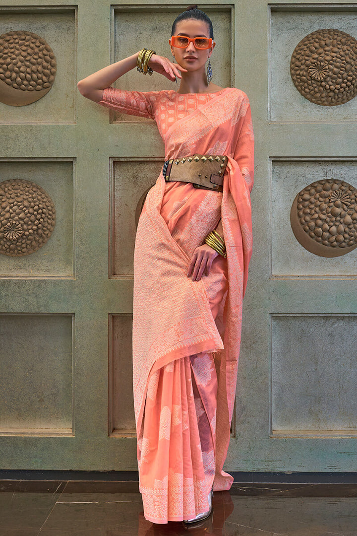 Bright Peach Lucknowi Woven Chikankari Saree