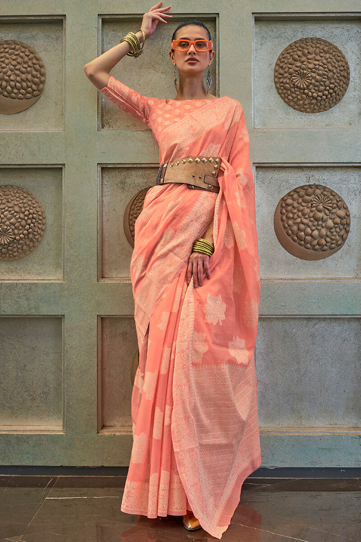 Bright Peach Lucknowi Woven Chikankari Saree