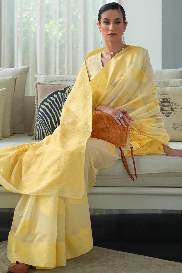 Bright Yellow Lucknowi Chickankari Silk Saree