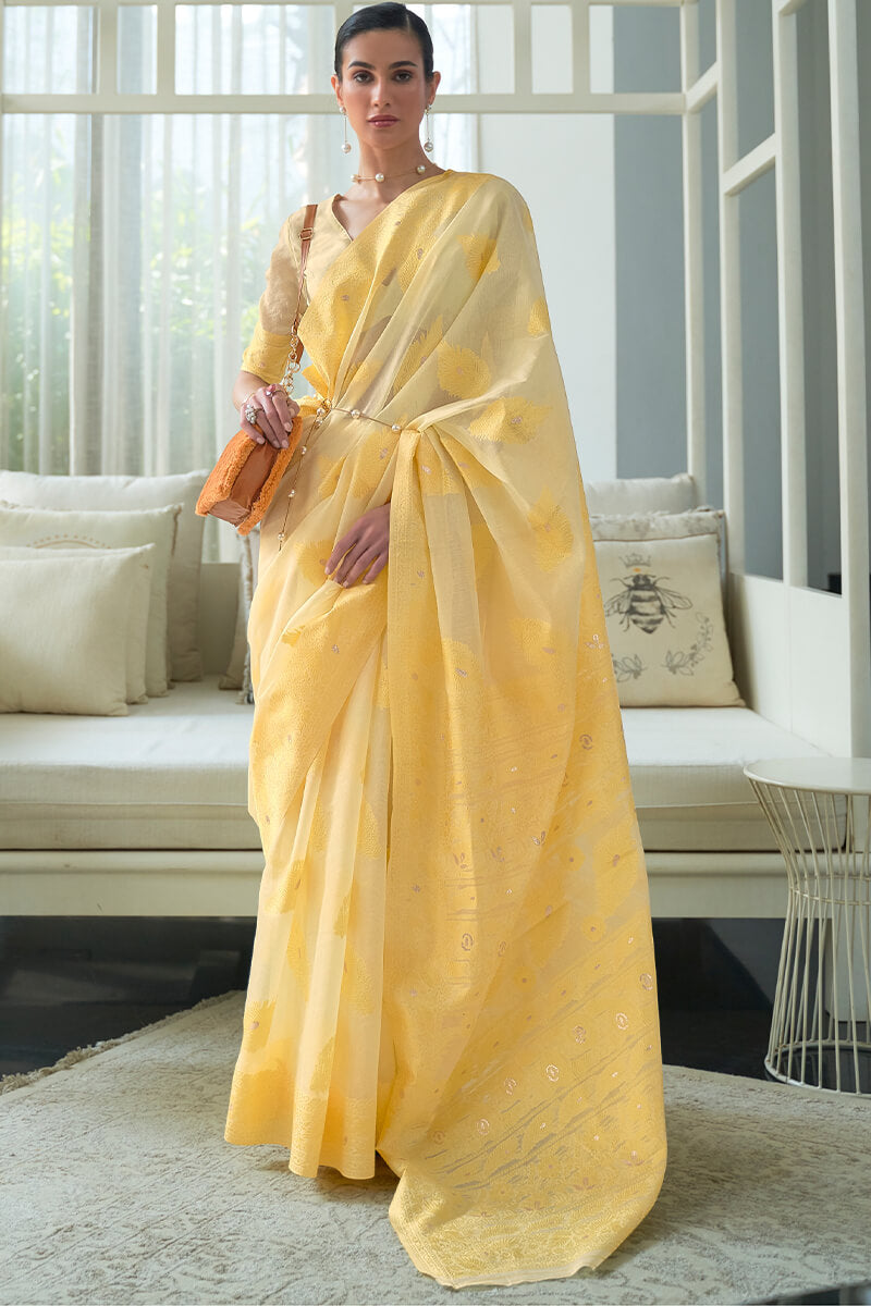 Bright Yellow Lucknowi Chickankari Silk Saree