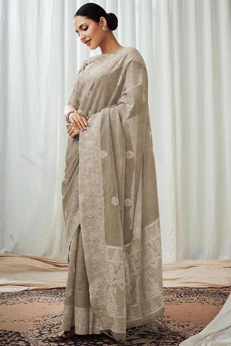 Brown Grey Linen Silk Saree