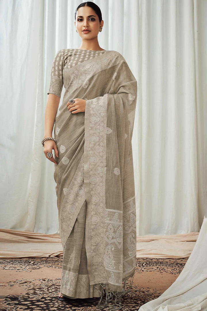 Brown Grey Linen Silk Saree