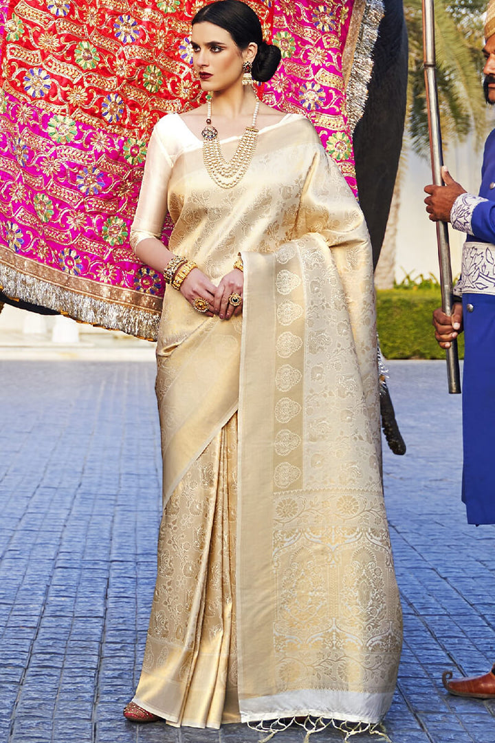 Buttermilk Beige Zari Woven Kanjivaram Silk Saree