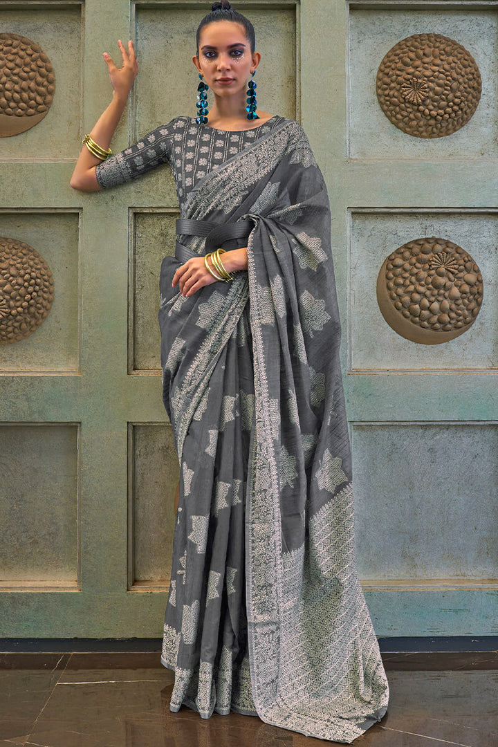 Carbon Grey Lucknowi Woven Chikankari Saree