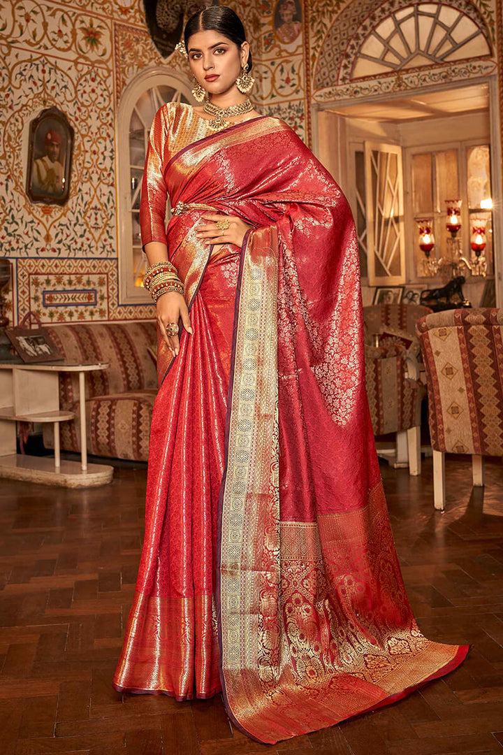 Cardinal Red Kanjivaram Silk Saree