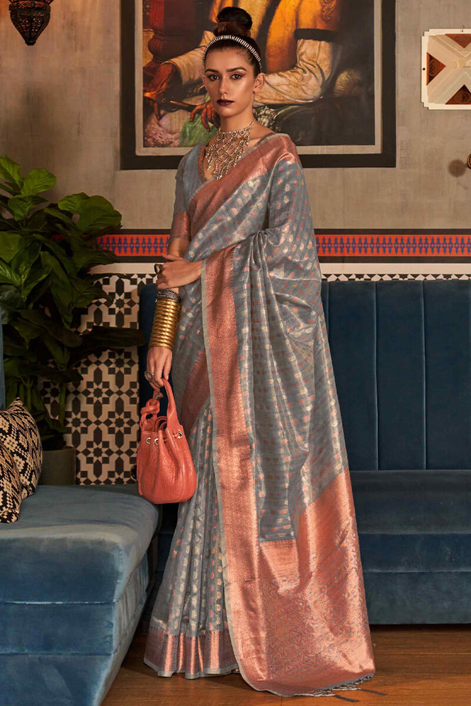 Cement Grey Copper Zari Woven Tissue Silk Saree