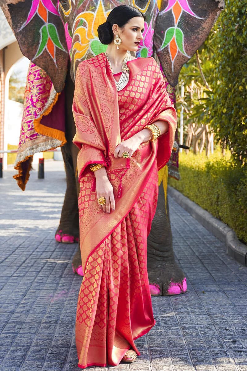 Cerise Pink Zari Woven Kanjivaram Silk Saree