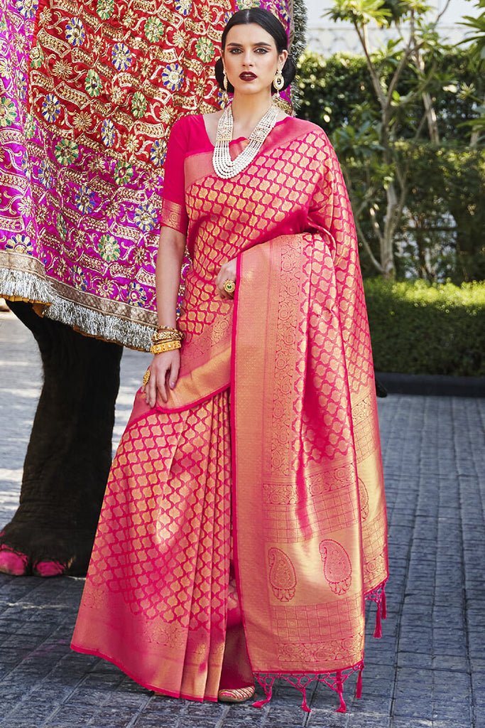 Cerise Pink Zari Woven Kanjivaram Silk Saree