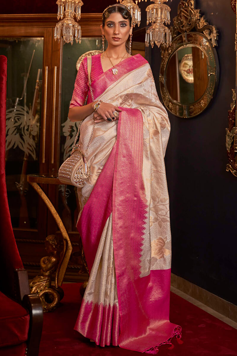 Cream and Pink Kanjivaram Silk Saree