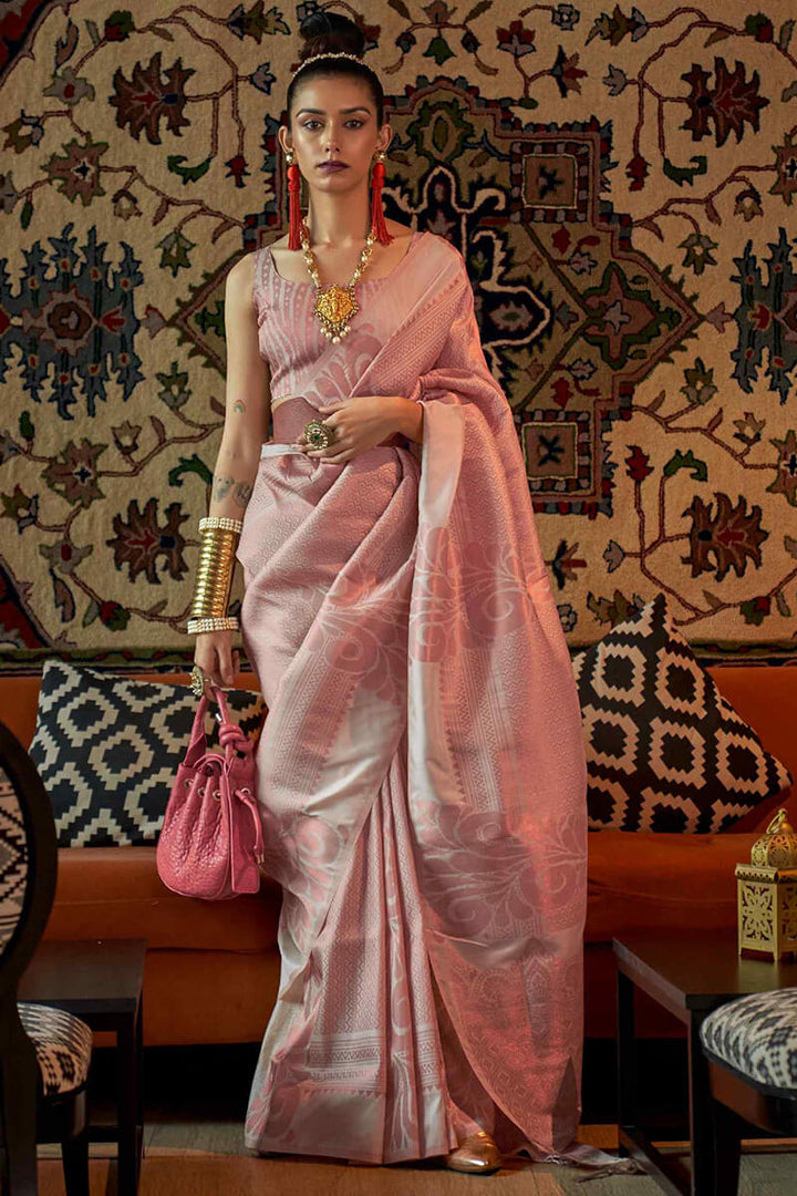 Crepe Pink Copper Zari Woven Kanjivaram Silk Saree