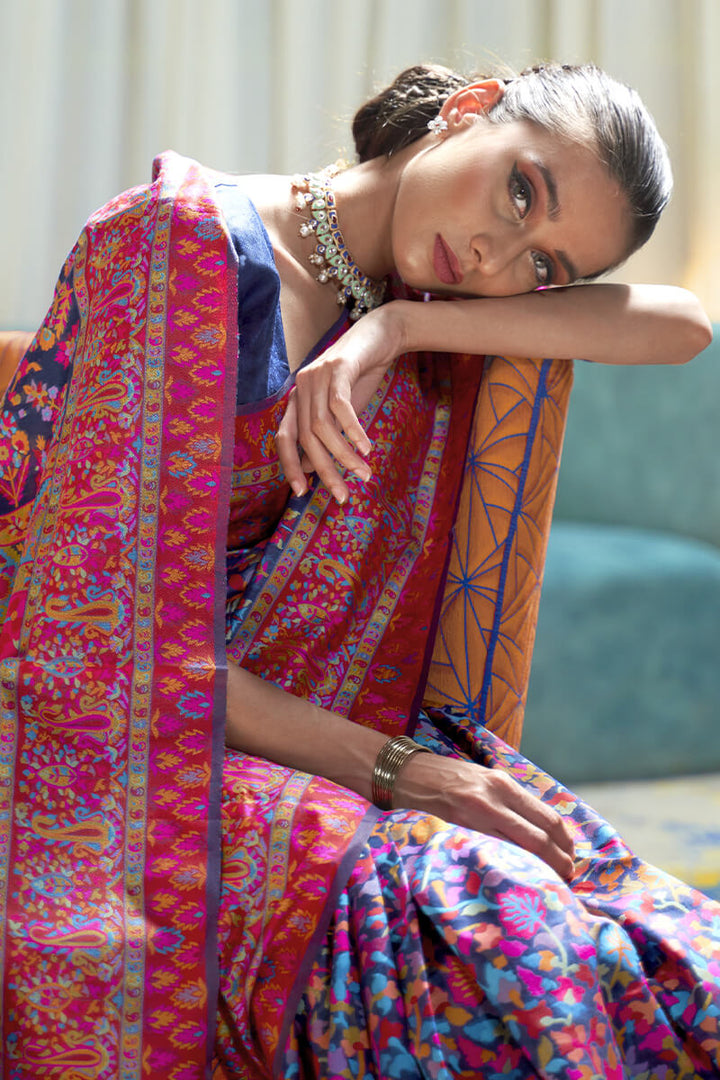 Dark Blue Kashmiri Modal Pashmina Silk Saree