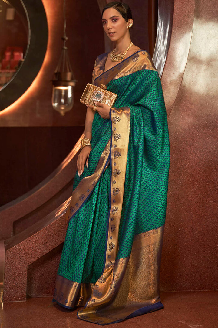 Dark Green Blue Banarasi Silk Saree