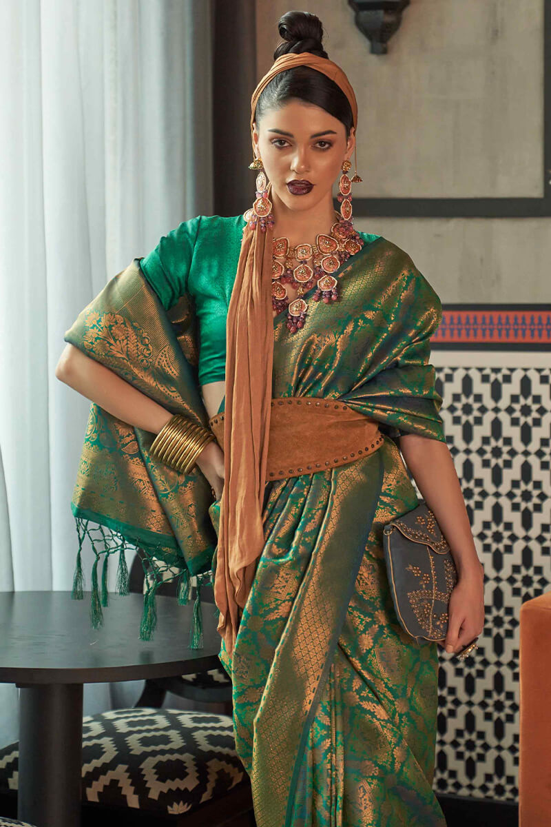 Dark Spring Green Kanjivaram Silk Saree