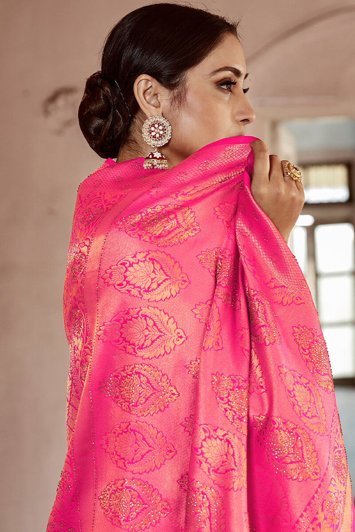 Deep Pink Kanjivaram Silk Saree With Swaroski Work