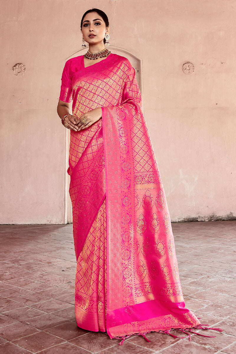 Deep Pink Kanjivaram Silk Saree With Swaroski Work